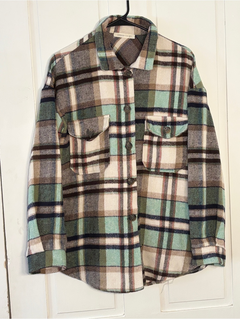 Urban Daizy Mint, Beige & Brown Plaid Flannel Button Down Shacket Warm Boutique